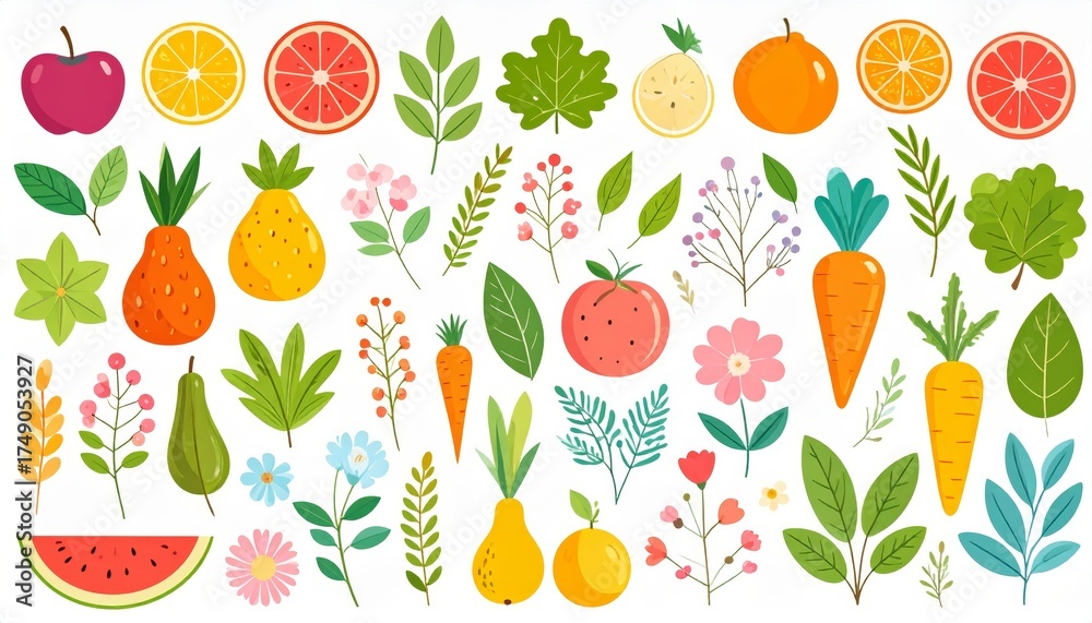 Obraz premium Spring and summer fruit and vegetable element set, vector illustration