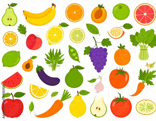 Spring and summer fruit and vegetable element set, vector illustration