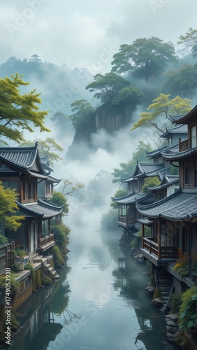 Wallpaper Mural 
keyword: village, river, house, mountain, forest, mist, water, bridge, tree, sky, cloud, traditio Torontodigital.ca