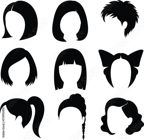 Diverse hair styles collection vector graphic illustration black and white design