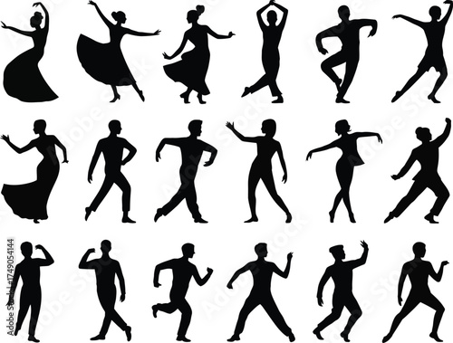 Diverse group of dancing silhouettes demonstrating various dance styles and movements