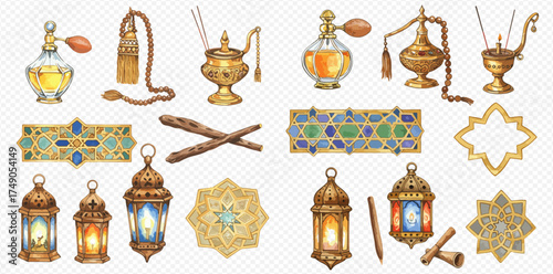 Collection of traditional Middle Eastern and Islamic cultural items including lanterns, perfume bottles, incense burners, prayer beads, and geometric decorations.