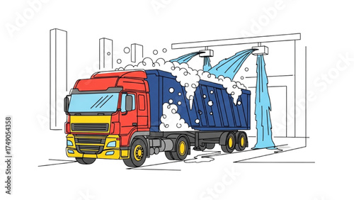 Colorful Continuous Line Art of Large Truck Being Cleaned at Washing Bay, Minimalist Heavy Vehicle Cleaning Service Illustration