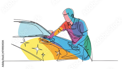 Colorful Continuous Line Art of Person Polishing Car Hood with Cloth, Minimalist Black and White Premium Vehicle Detailing Illustration