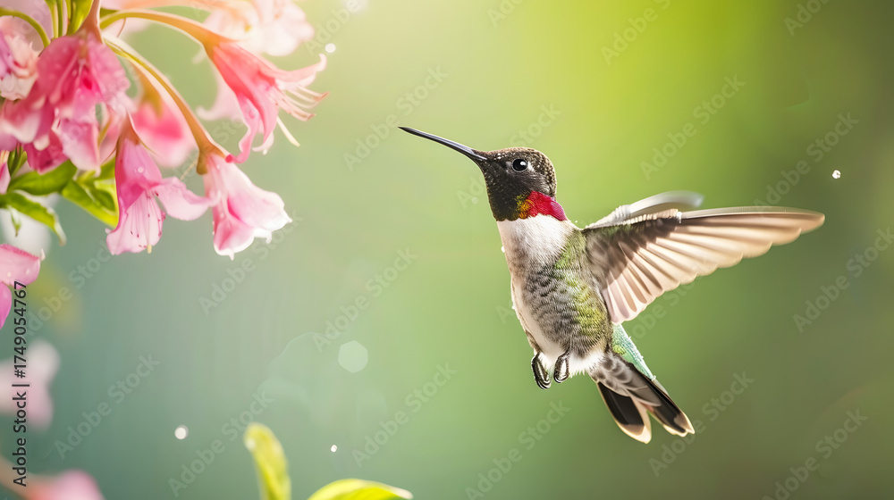 Naklejka premium Ruby-throated Hummingbird (Male) with a Mandevilla Flower