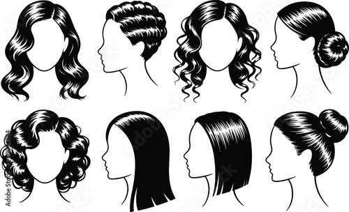 Diverse Women Hairstyles in Black and White Graphic Design Vector Illustration