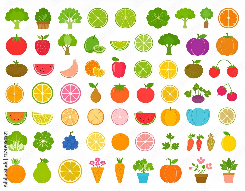 Obraz premium Spring and summer fruit and vegetable element set, vector illustration