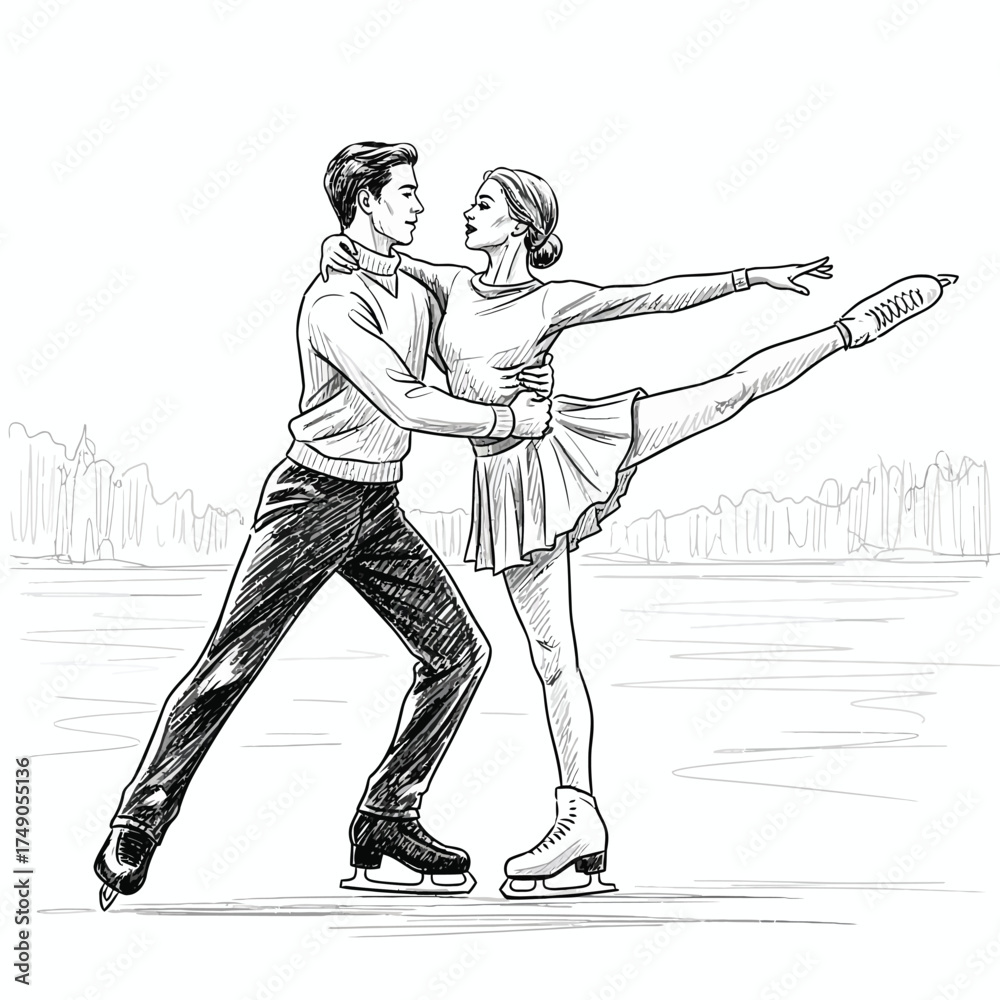 Fototapeta premium Elegant figure skating couple isolated on white background, gracefully performing a lift on the ice rink, showcasing their skill and artistry in a beautiful monochrome sketch