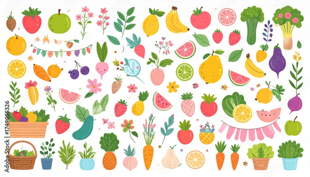 Obraz premium Spring and summer fruit and vegetable element set, vector illustration