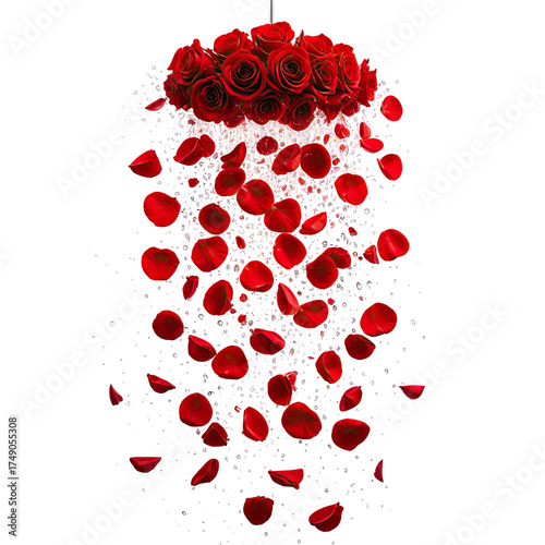 Roses with petals falling down on a black background
