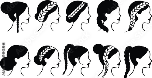 Elegant Black and White Hairstyle Collection Vector Illustration Set