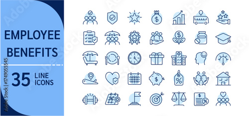 Employee benefits package and engagement concept with outline icons editable stroke vector. Health insurance ,paid vacation, financial and workplace perks. Incentive motivation for corporate company.
