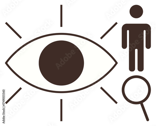 Large eye with rays surrounded by human figure and magnifying glass portrays attention, observation, analysis, and focus. Ideal for research, insight, surveillance, clarity, awareness investigation