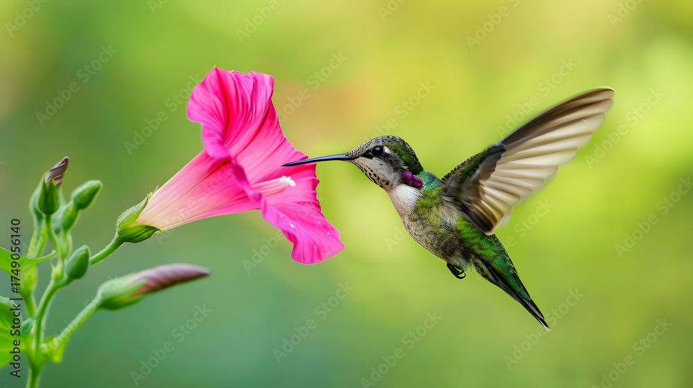 Fototapeta premium Ruby-throated Hummingbird (Male) with a Mandevilla Flower