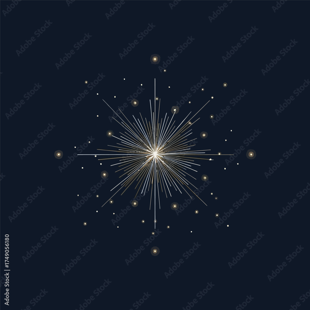 Obraz premium Elegant golden starburst on dark blue background, radiating light and warmth, perfect for festive designs and holiday themes, creating a magical atmosphere