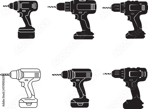 Collection of six cordless power drills in silhouette and line art styles
