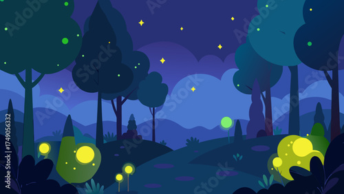 Magical Night Forest Collage With Fireflies