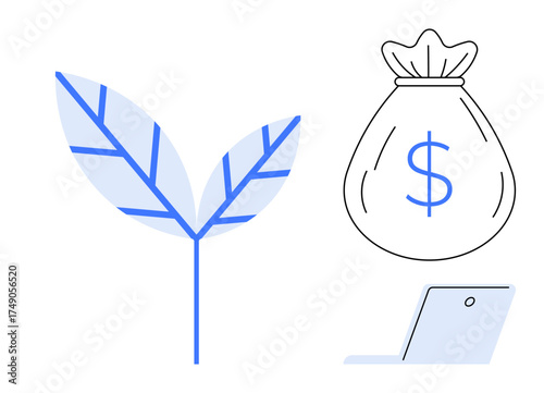 Leaf depicting growth, dollar bag for wealth, and laptop for technology and productivity. Ideal for finance, growth strategy, sustainability, digital business, entrepreneurship, investment
