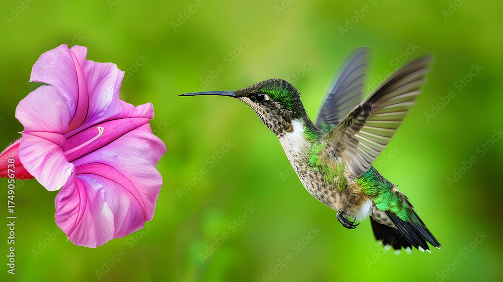 Fototapeta premium Ruby-throated Hummingbird (Male) with a Mandevilla Flower