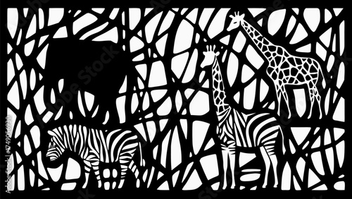 Striking monochrome zebra elephant giraffe wildlife scene evokes Africa's untamed beauty