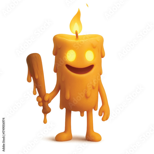 A cylindrical orange anthropomorphic character made of melting candle wax