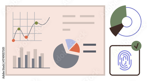 Line graph, bar chart, pie chart, fingerprint scan, and approval checkmark. Ideal for analytics, business, finance security authentication presentations and modern digital interfaces. Simple flat