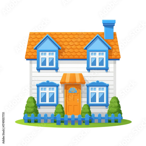 Charming cartoon house with blue accents and green garden on a dark ground