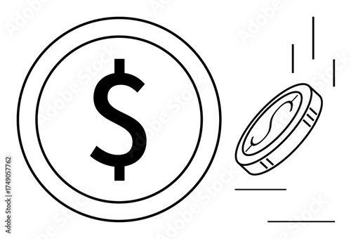 Dollar coin in bold design paired with a falling coin in motion. Ideal for finance, economy, savings, trade, budgeting, investment literacy, and business growth. Simple flat metaphor