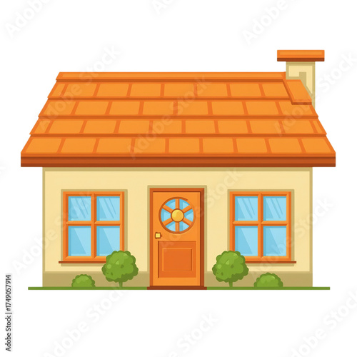 Charming cartoon house with orange roof and flower wreath on door