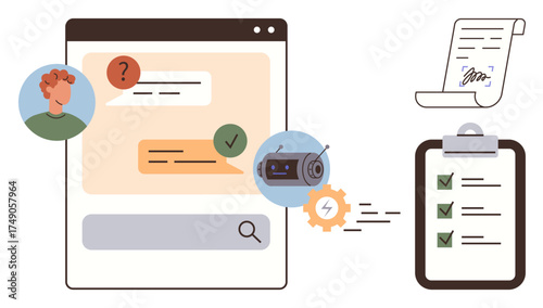 Chat interface with chatbot, user avatar, search bar, checklist on clipboard, and signed document. Ideal for communication, automation, project tracking, productivity AI interaction digital tools
