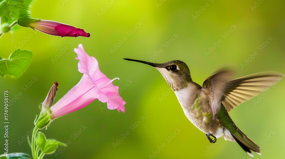 Naklejka premium Ruby-throated Hummingbird (Male) with a Mandevilla Flower