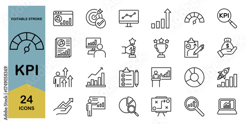 KPI line icon set – Includes performance , strategy and analysis. Editable stroke. Vector illustration.
