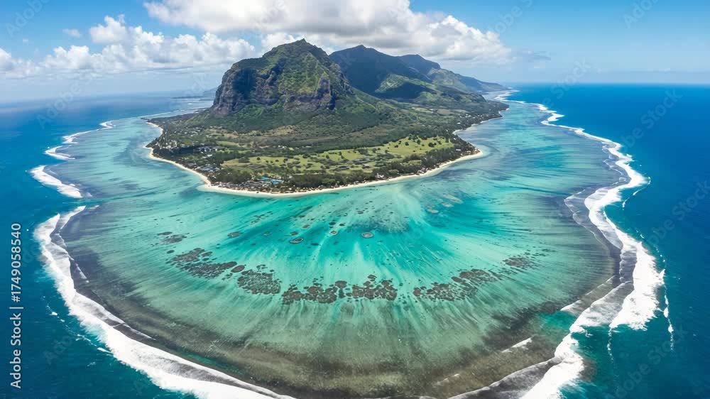 Aerial view of le morne brabant mountain and turquoise lagoon, mauritius