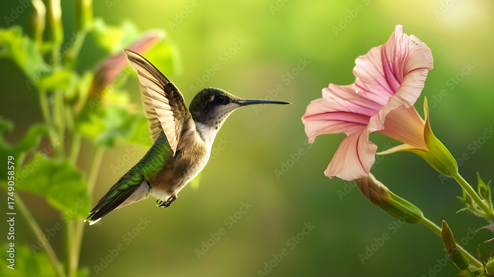 Fototapeta premium Ruby-throated Hummingbird (Male) with a Mandevilla Flower