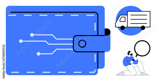 Large wallet graphic with circuit lines, delivery truck icon, and person analyzing data with magnifying glass. Ideal for fintech, logistics, digital payments, e-commerce, technology, efficiency