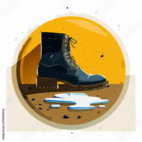 Boot tread step with puddle splash and soil grains, flat monoline