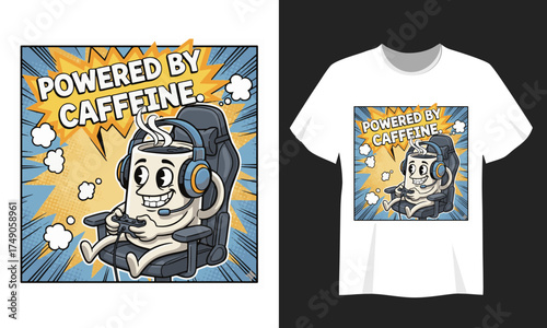 Cool coffee character design t-shirt graphic featuring "powered by caffeine" text