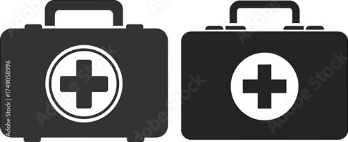 Black silhouette of a medical first aid kit with a white cross isolated on transparent background