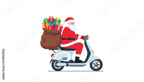 Santa Claus riding a white scooter with a large sack full of colorful Christmas presents on the back.