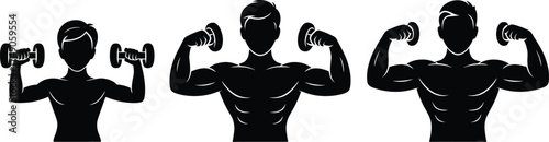 Silhouette of muscular men lifting dumbbells showing strength and fitness progress