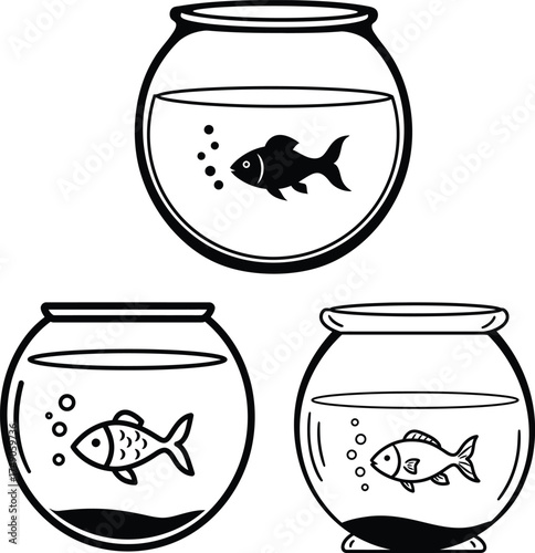 Black silhouette of a single goldfish swimming in a round fishbowl isolated on transparent background