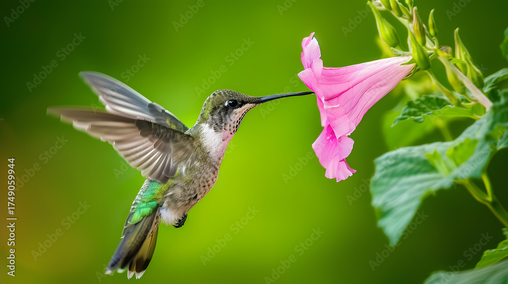 Obraz premium Ruby-throated Hummingbird (Male) with a Mandevilla Flower