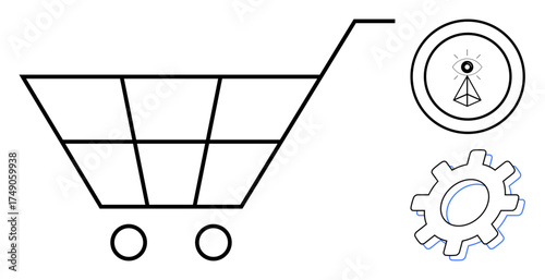Shopping cart, eye symbol inside a circle, and gear outline suggesting automation, tech, vision, and retail. Ideal for e-commerce, technology, data strategy innovation automation success
