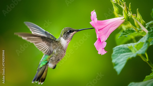 Ruby-throated Hummingbird (Male) with a Mandevilla Flower