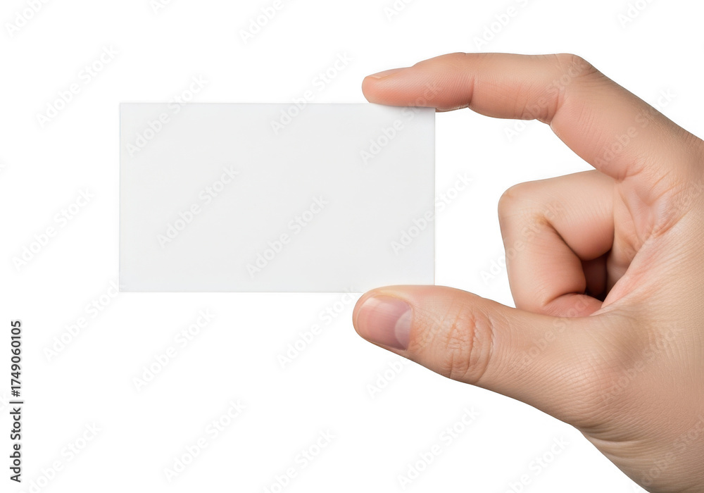 Obraz premium Hand holding blank white card mockup template presentation business card isolated on transparent background