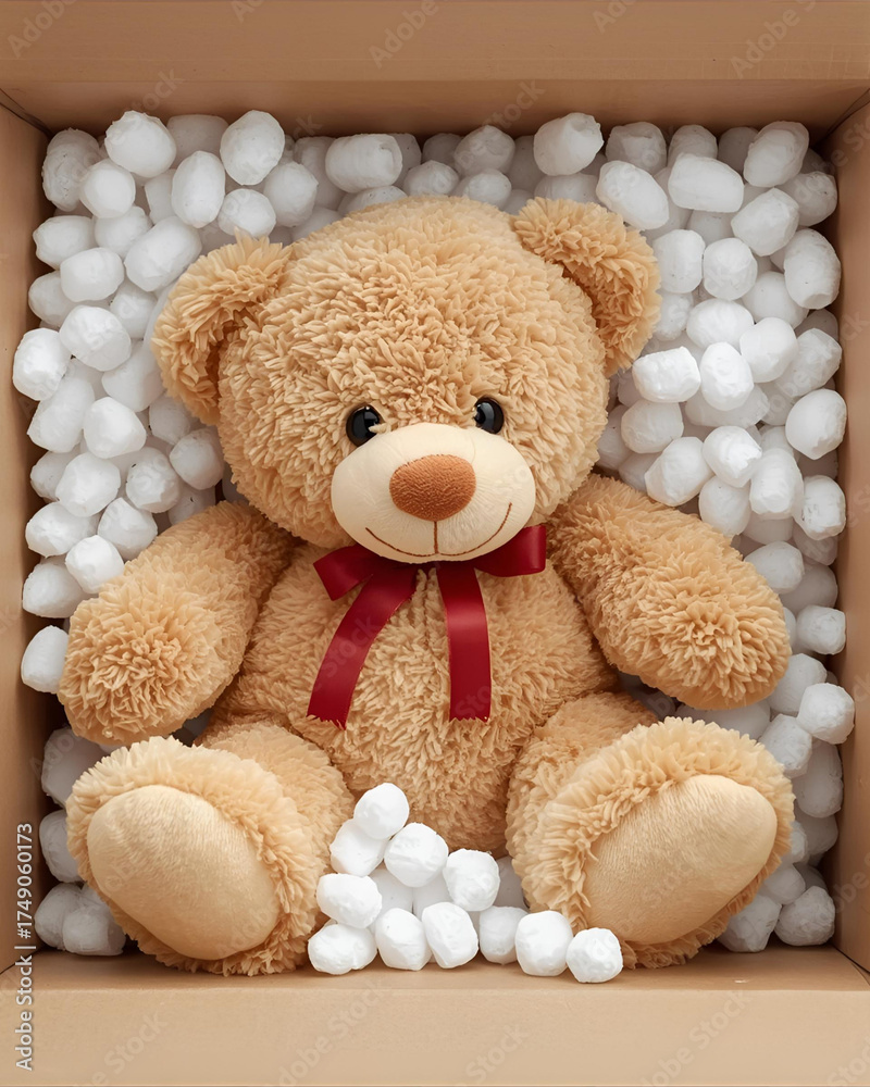 Obraz premium teddy bear, stuffed animal, plush toy, soft toy, gift, present, for kids, for adults, birthday gift, Christmas present, Valentine's day, new, in box, packaged, cardboard box, packing peanuts, white 