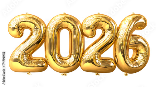 Floating Golden Mylar Balloon Numbers 2026 Isolated on Transparent Background