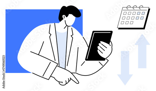 Person holding and analyzing tablet, calendar, and arrows indicating progress or decline. Ideal for planning, productivity, data review, performance tracking, strategy, business processes simple