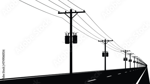 Utility poles with transformers, power lines along road, electrical distribution infrastructure, rural highway perspective, energy supply system, transportation route,