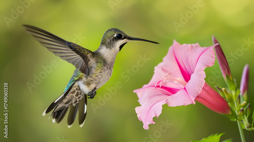 Ruby-throated Hummingbird (Male) with a Mandevilla Flower